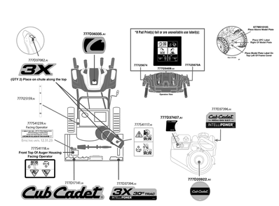 Label Map Diagram and Parts List for 3X30-INCHTRAC (31AH7LVZB10)(2023) Cub Cadet Snow Blower